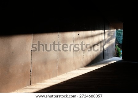 This captivating shot features a rhythmic sequence of timber frames, masterfully illuminated by linear lighting to create a profound sense of depth and perspective."