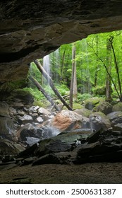 This cave is located at the Virgin Falls State Park, behind the 40-foot tall Big Laurel Falls. As photographed, the water drains back into the cave, and then underground.