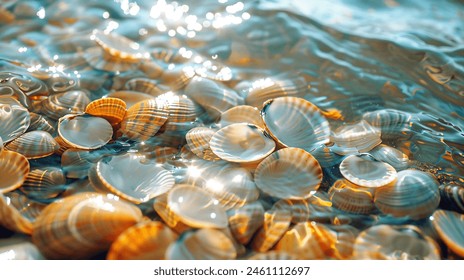 This charming image shows a group of seashells immersed in shallow water.