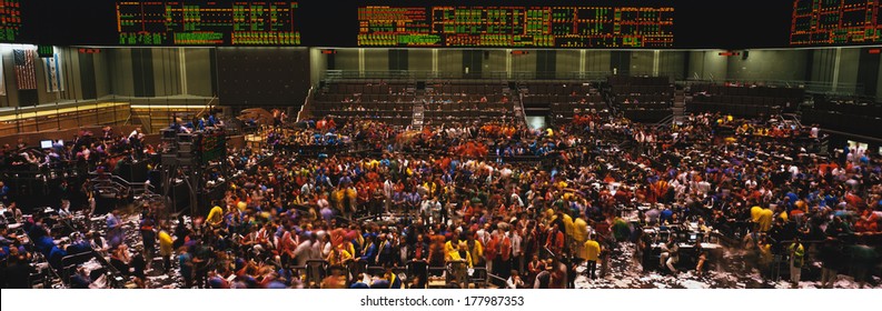 This Is The Chicago Board Of Trade Trading Floor. It Is Where They Trade Commodity Futures Such As Corn, Wheat, And Gold.