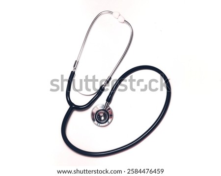 This is a clear and straightforward image of a stethoscope against a solid white background. The stethoscope is neatly coiled, showcasing its earpieces at the top and the chestpiece at the bottom. 