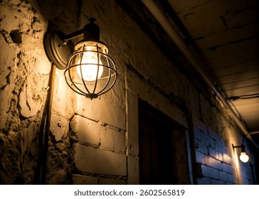 This close-up image depicts a rustic wall-mounted light fixture with a metal cage encasing the bulb. The light emits a warm glow.