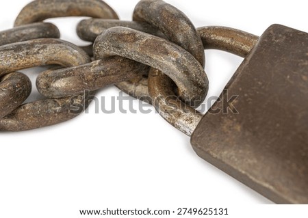 This close-up image features an old, weathered metal chain linked to a rusty padlock. The texture of the metal, corroded and uneven with age, contrasts starkly against the clean white background. This visual elements collectively symbolize themes of strength, security, and resilience despite the evident passage of time, adding an artistic quality to the mundane subject of chains and locks.