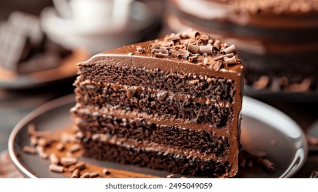 This close-up image features a slice of rich chocolate cake on a dark plate, decorated with chocolate curls. The cake has three layers separated by thick chocolate frosting, topped with additional cho