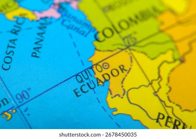 This close-up map emphasizes Ecuador, colored in vibrant yellow, with its capital, Quito, clearly marked, showcasing its location bordering the Pacific Ocean, Colombia, and Peru.