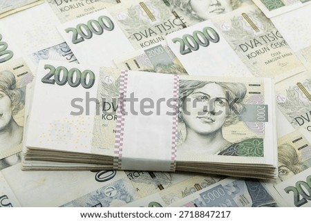 This close-up shot features a bundle of Czech Koruna banknotes, specifically 2000 CZK denominations. Neatly stacked and secured with a paper band, Czech Republic.