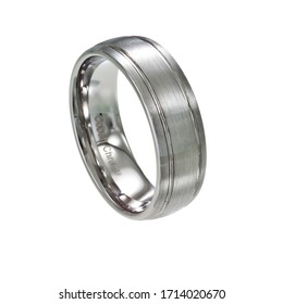 This cobalt chrome steel men's ring band with a slight dome top features a brush finish with two accent groves and a polished interior. Shown on at white background.