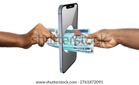This conceptual 3D illustration represents the evolution of the Guatemalan financial landscape. Two hands reach from opposite sides to exchange a stack of teal 200 Guatemalan Quetzal banknotes, which feature prominent historical figures. Instead of a physical hand-off, the money passes through a portal in the center of a modern smartphone. This visual serves as a powerful metaphor for mobile banking, digital wallets, and the ease of sending money instantly across the country via technology.