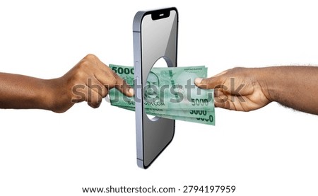 This conceptual 3D render illustrates a modern mobile transaction using Kyrgyzstani currency. A sleek, dark-blue smartphone stands vertically in the center, featuring a large, clean circular hole cut directly through its body. Two hands with dark skin tones reach in from opposite sides; one hand passes a crisp stack of green 5,000 Kyrgyz Som bills featuring the actor and artist Suimenkul Chokmorov seamlessly through the opening into the waiting grasp of the other, symbolizing fast digital transfers.