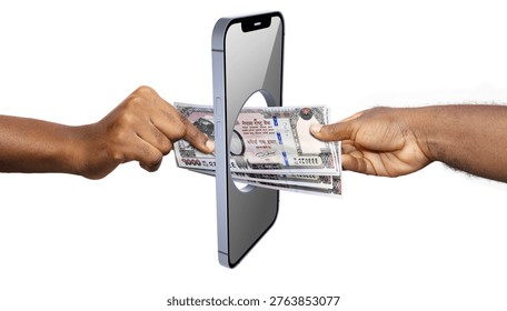 This conceptual image highlights the evolution of financial services in Nepal, bridging the gap between physical cash and digital technology. A sleek smartphone stands as a central gateway, featuring a circular portal through which two hands exchange a fan of 1000 Nepalese Rupee banknotes. The distinctive red and grey bills, featuring Mount Everest and the Goddess Bhagwati, symbolize Nepal's economic identity. This visual metaphor perfectly represents mobile wallets, online remittances, and the modernization of the banking sector in the Himalayas.