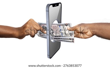 This conceptual image highlights the evolution of financial services in Nepal, bridging the gap between physical cash and digital technology. A sleek smartphone stands as a central gateway, featuring a circular portal through which two hands exchange a fan of 1000 Nepalese Rupee banknotes. The distinctive red and grey bills, featuring Mount Everest and the Goddess Bhagwati, symbolize Nepal's economic identity. This visual metaphor perfectly represents mobile wallets, online remittances, and the modernization of the banking sector in the Himalayas.