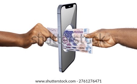 This conceptual image illustrates the seamless nature of digital finance and mobile remittances. It features a sleek, modern smartphone standing vertically, acting as a literal portal. A circular hole is cut through the center of the device, through which two hands are passing a stack of 10,000 West African CFA franc banknotes. The visual metaphor highlights how technology bridges the physical gap between individuals, allowing for the instantaneous transfer of tangible value across borders.