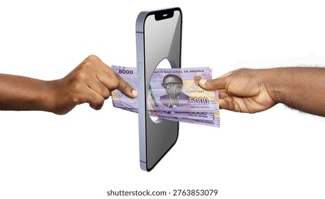 This conceptual image represents the digital financial revolution in Angola. It features a modern smartphone standing vertically on a plain white background, serving as a portal. Through a circular hole in the screen, two hands reach from opposite sides to exchange a stack of purple 5000 Angolan Kwanza (AOA) banknotes. The composition is a visual metaphor for the transition from physical cash to mobile banking, highlighting seamless peer-to-peer transfers and fintech innovation in Africa.