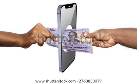 This conceptual image represents the digital financial revolution in Angola. It features a modern smartphone standing vertically on a plain white background, serving as a portal. Through a circular hole in the screen, two hands reach from opposite sides to exchange a stack of purple 5000 Angolan Kwanza (AOA) banknotes. The composition is a visual metaphor for the transition from physical cash to mobile banking, highlighting seamless peer-to-peer transfers and fintech innovation in Africa.