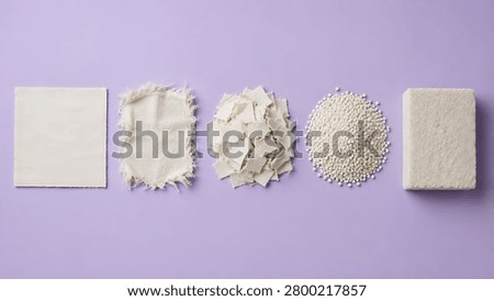 This conceptual visualization illustrates the sequential stages of paper recycling, showing the transformation from solid material to pulp and finished product against a purple