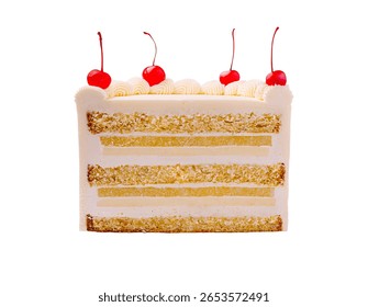 This delightful cake features multiple layers of soft sponge, creamy frosting, and topped with bright red cherries. Perfect for celebrations or dessert lovers at any gathering.