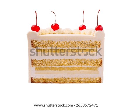 This delightful cake features multiple layers of soft sponge, creamy frosting, and topped with bright red cherries. Perfect for celebrations or dessert lovers at any gathering.