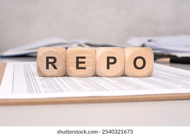 this is a detailed and creative representation of the term REPO used in finance, placed strategically on documents