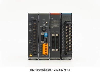 This device showcases a programmable logic controller with multiple input and output connections, isolated on white background.