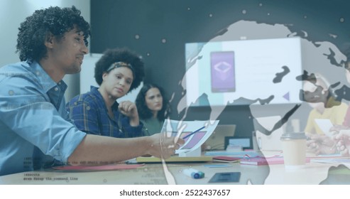 This digitally generated image shows data processing with a spinning globe on a transparent background. happy, diverse business people discuss work in an office, highlighting global data processing