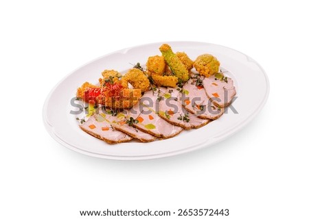 This dish features thinly sliced roast meat arranged elegantly on a platter, complemented by crispy vegetable bites, offering a delightful contrast in texture and flavor.