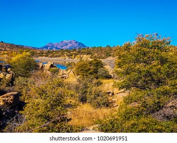 This distant image of Granite Mountain was captured in the Watson Lake area of the Granite Dells in Prescott, Arizona.