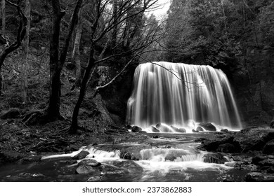 This dramatic black and white artistic waterfall is one of many waterfalls in Japan also known for beautiful scenery.