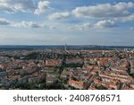 This drone photo offers an expansive aerial view of Prague