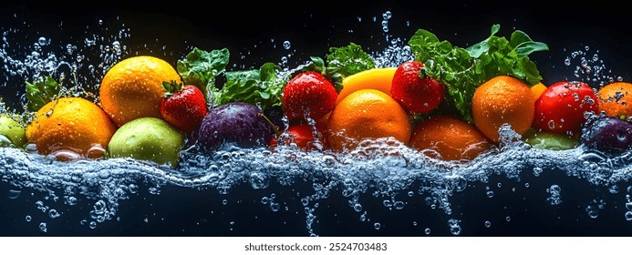 This dynamic image captures an exciting moment as a variety of colorful fruits and vegetables splash into crystal-clear water, creating a refreshing and vibrant scene.