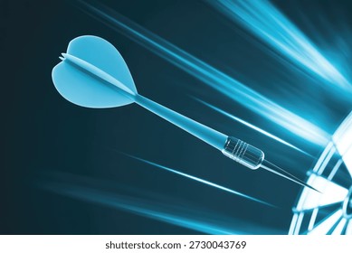 This dynamic image captures a stylized blue dart with glowing light trails as it precisely strikes the bullseye of a target. The vibrant blue hues and motion blur emphasize speed, accuracy, and successful execution. It's a powerful visual metaphor for achieving goals, hitting targets in business or personal life, strategic planning, precision marketing, and overall success.