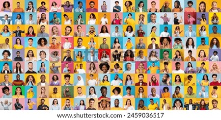 This dynamic multiracial and multiethnic collection presents faces of happy international people against colorful backdrops