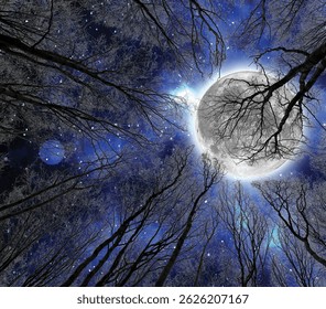 This ethereal image captures a breathtaking upward view through a forest of leafless trees silhouetted against a starry night sky. The centerpiece is a large, luminous full moon, partly obscured - Powered by Shutterstock - Get 15% off with code: PIKWIZARD15