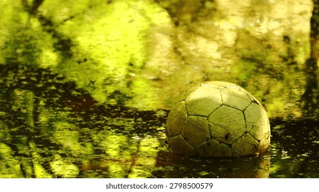 This evocative close-up captures a lost childhood, represented by a decaying and weathered soccer ball half-submerged in murky pond water amidst green algae. The scene profoundly conveys forgotten memories, abandonment, and the melancholy passage of time. Ideal for campaigns addressing environmental impact, sustainability, waste, or social issues concerning neglected communities and pastimes. This image is perfect for editorial features, conservation advertising, or conceptual projects exploring nostalgia and decay