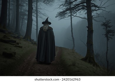This evocative image portrays an enigmatic wizard, clad in a flowing black cloak and pointed hat, standing at the threshold of an enshrouded forest. - Powered by Shutterstock