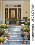 This fall photo shows an old house with steps leading to the door, decorated beautifully with pumpkins, mums, flowers, leaves, and greens on both sides. Warm sunlight enhances the cozy porch scene.