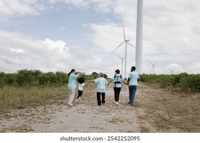 This family is relaxing in a windmill field surrounded by nature. Most of them are wearing blue shirts .Volunteers collecting waste walking show their power, cooperation. - Powered by Shutterstock