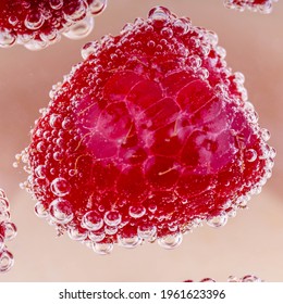 This fresh light red raspberry in soda water really pops out because of the very sharp bubbles. The photo has a fresh,healthy, sparkling and attractive look. There is a soft red background.