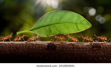 This group of ants joins forces to carry leaves to build their nests.