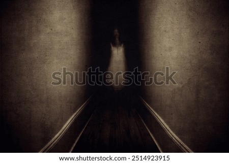 This haunting image portrays the eerie stillness of a figure emerging from the darkness, blending reality with a ghostly presence.