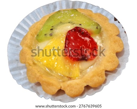 This high quality image features a delicious mini fruit tart with glazed kiwi and strawberry on a buttery pastry shell, providing a professional look for cafe menus and food blogs.