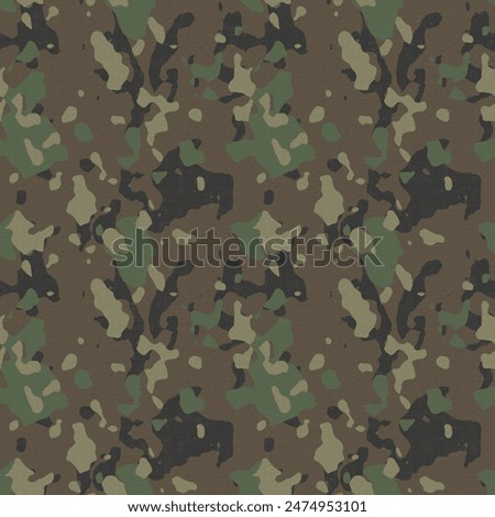 This high-quality image showcases a seamless camouflage pattern inspired by military designs. Featuring a mix of earth tones, dark greens, and muted grays, this realistic pattern is perfect for outdoo