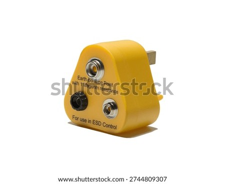 This high-quality studio photograph features a yellow Earth Bonding Point (EBP) plug, a critical component for Electrostatic Discharge (ESD) safety in electronics manufacturing and repair environments. The device is designed to fit into a standard UK mains socket, providing a secure common ground point for anti-static equipment.

The plug features three distinct connection terminals: two 10mm metal snap studs and one M5 binding post, allowing for the simultaneous connection of wrist straps, bench mats, or floor matting. The clear black text on the face reads 
