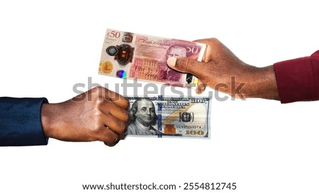 This high-quality studio shot features a close-up of two dark-skinned hands against a seamless white background, representing a currency exchange. The hand on the right holds a crisp British 50-pound polymer note, featuring the portrait of King Charles III. The hand on the left presents a stack of United States 100-dollar bills secured with a blue band, prominently displaying Benjamin Franklin. The composition highlights a professional financial transaction, global trade, or a foreign exchange concept