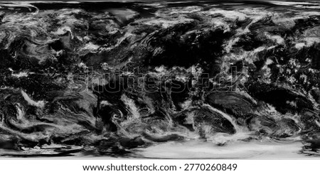 This is a high-resolution, monochrome equirectangular texture capturing global cloud formations and atmospheric swirls. Designed for precision and flexibility, this map serves as a critical component for artists looking to simulate realistic weather patterns or planetary atmospheres. The high-contrast grayscale data allows for seamless use as an alpha transparency channel or a displacement map.