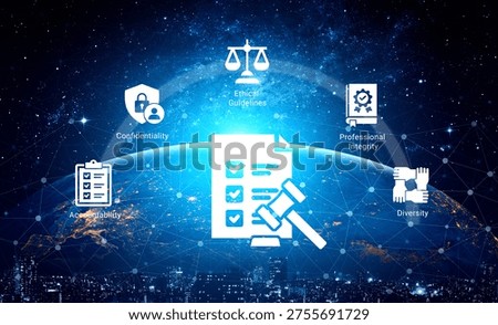 This illustration represents ethical guidelines and professional integrity within a global landscape, emphasizing the importance of diversity and accountability in governance. Ledger