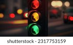 This illustration shows a traffic light against a blurred cityscape, evoking movement and energy. Red, yellow and green lights contrast with soft, hazy city lights.
