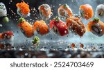 This image beautifully captures sushi pieces suspended mid-air, showcasing the elegance and precision of Japanese cuisine.