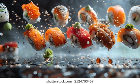 This image beautifully captures sushi pieces suspended mid-air, showcasing the elegance and precision of Japanese cuisine.