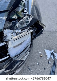 This image captures the aftermath of a collision between two vehicles, showing the damaged front end of an SUV. The hood is crumpled and dislocated, with the front grill and headlight assembly shattered and partially detached from the body of the vehicle. Various broken plastic and metal pieces are scattered on the ground around the SUV, reflecting the intensity of the impact. The cracked headlight is barely intact, and the windshield shows signs of being affected by the crash. The vehicle is parked on a road, with other cars visible in the background, indicating this incident took place in an urban environment. The scene portrays the severity of the damage, highlighting the need for immediate repairs. The image evokes a sense of shock and the dangerous consequences of road accidents. The lighting reflects the clarity of the moment, focusing on the crushed parts and highlighting the extent of the damage. The SUV's black and silver paint is still visible under the debris, giving a stark contrast to the broken components.