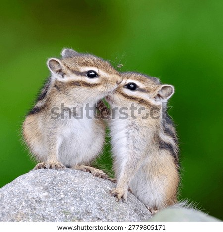 This image captures a charming moment between two Siberian chipmunks (or similar species) featuring their distinctive striped fur patterns.